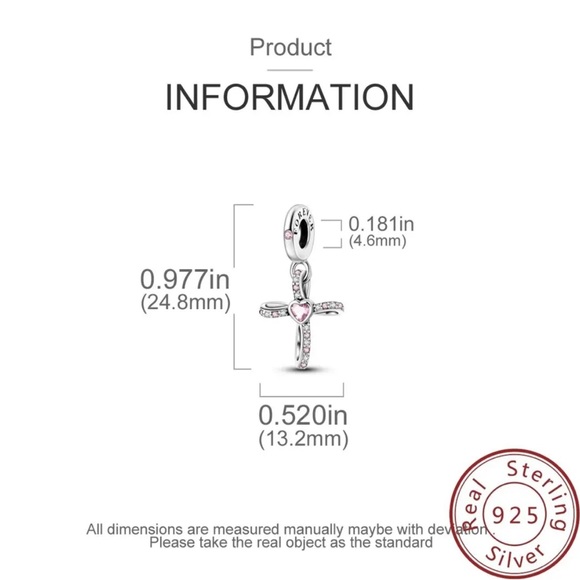 NWT 925 Sterling Silver Cross Charm w/ pink zircon heart accent - Picture 4 of 10